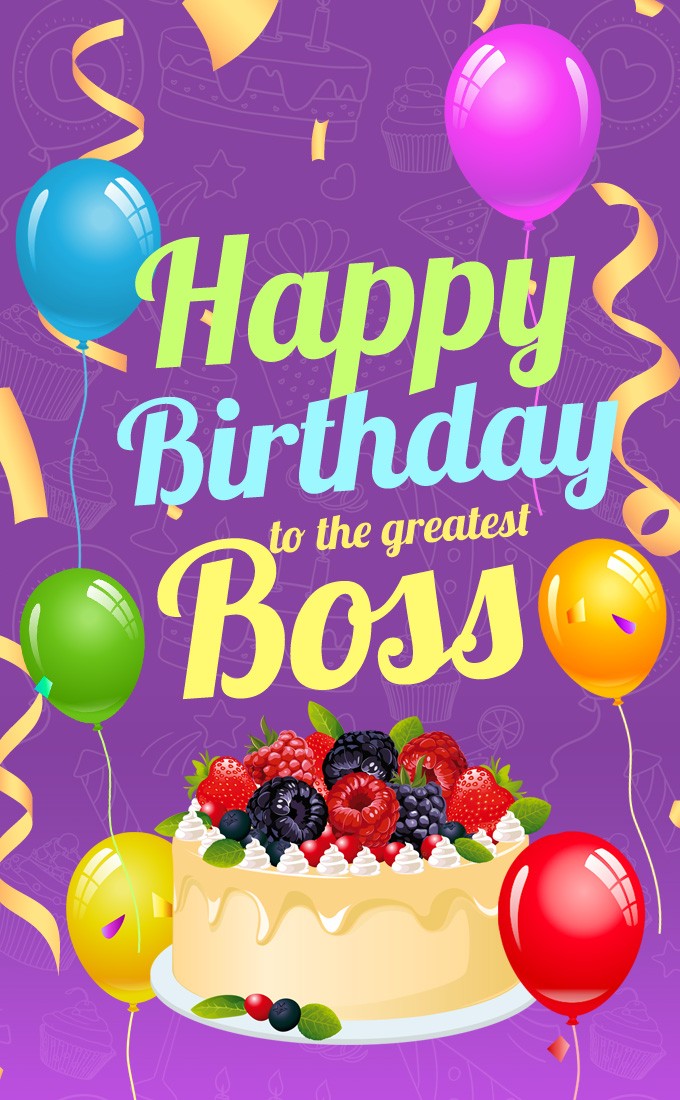 Happy Birthday to the greatest Boss image with cartoon cake (tall rectangle shape picture)