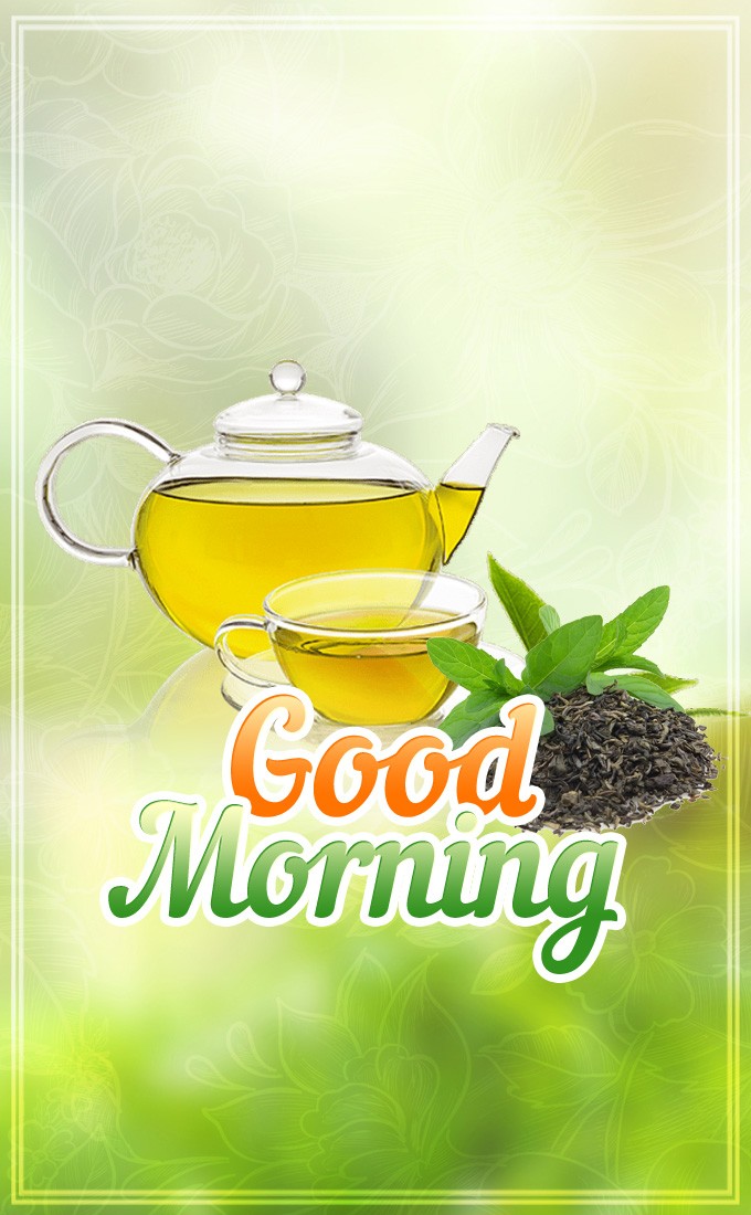 Good Morning vertical tall image with Green Tea (tall rectangle shape picture)