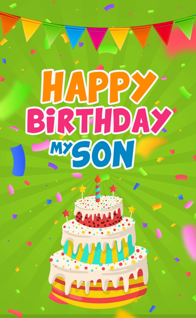 Happy Birthday my Son vertical tall image with cartoon cake (tall rectangle shape picture)