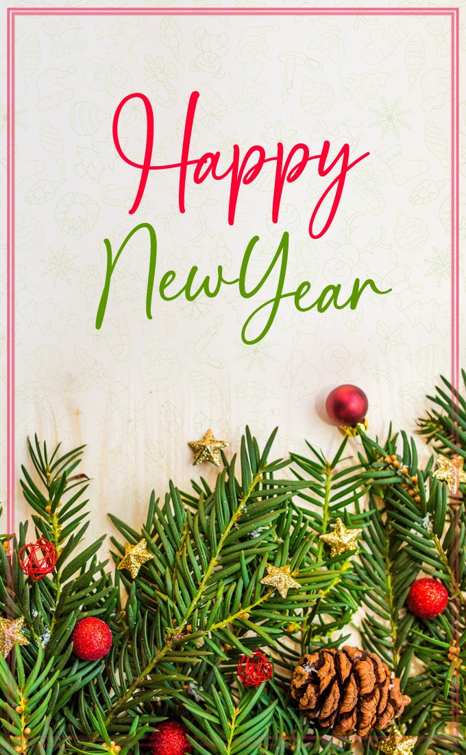 Happy New Year vertical tall image with tree branch decorated with Christmas toys (tall rectangle shape picture)