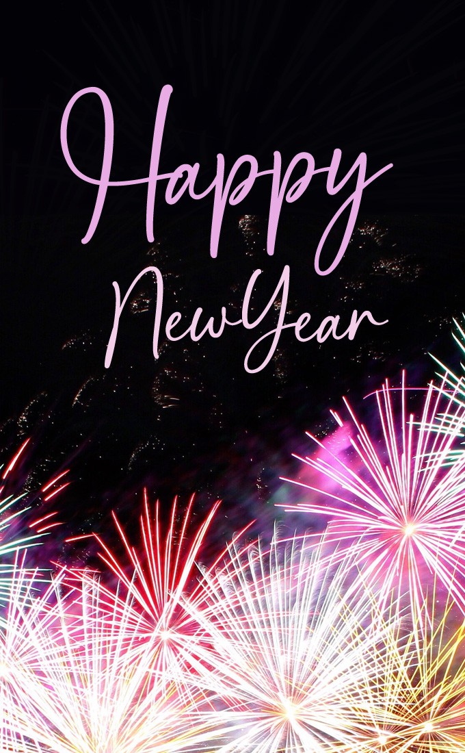 Happy New Year vertical tall image with bright fireworks (tall rectangle shape picture)