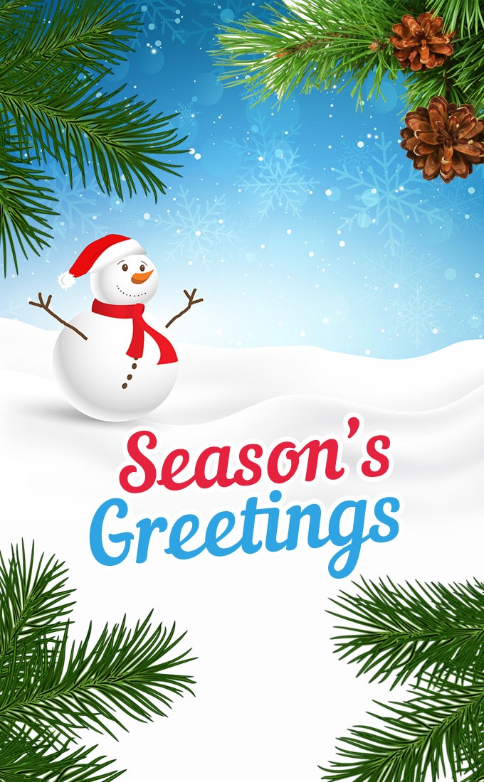 Season's Greetings vertical tall picture with snowman (tall rectangle shape picture)