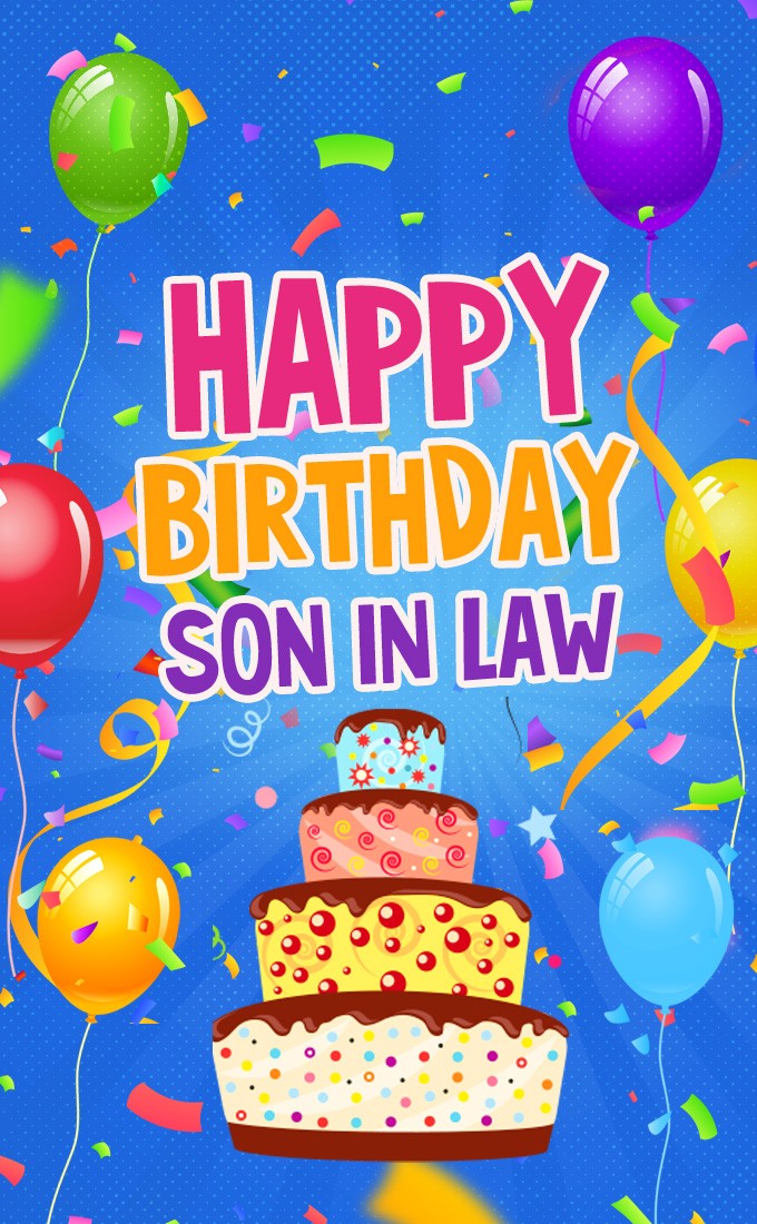 Happy Birthday Son in law vertical tall image with cartoon cake (tall rectangle shape picture)