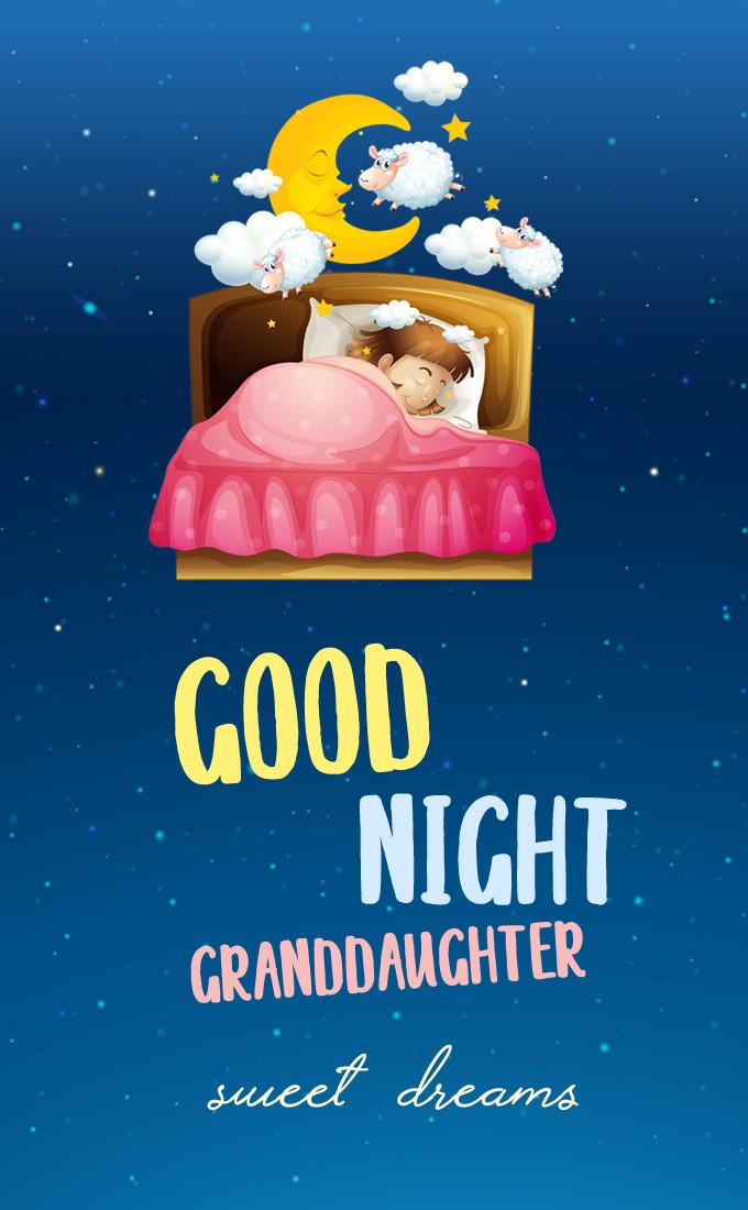 Good Night Granddaughter vertical tall image with cute girl sleeping in bed (tall rectangle shape picture)