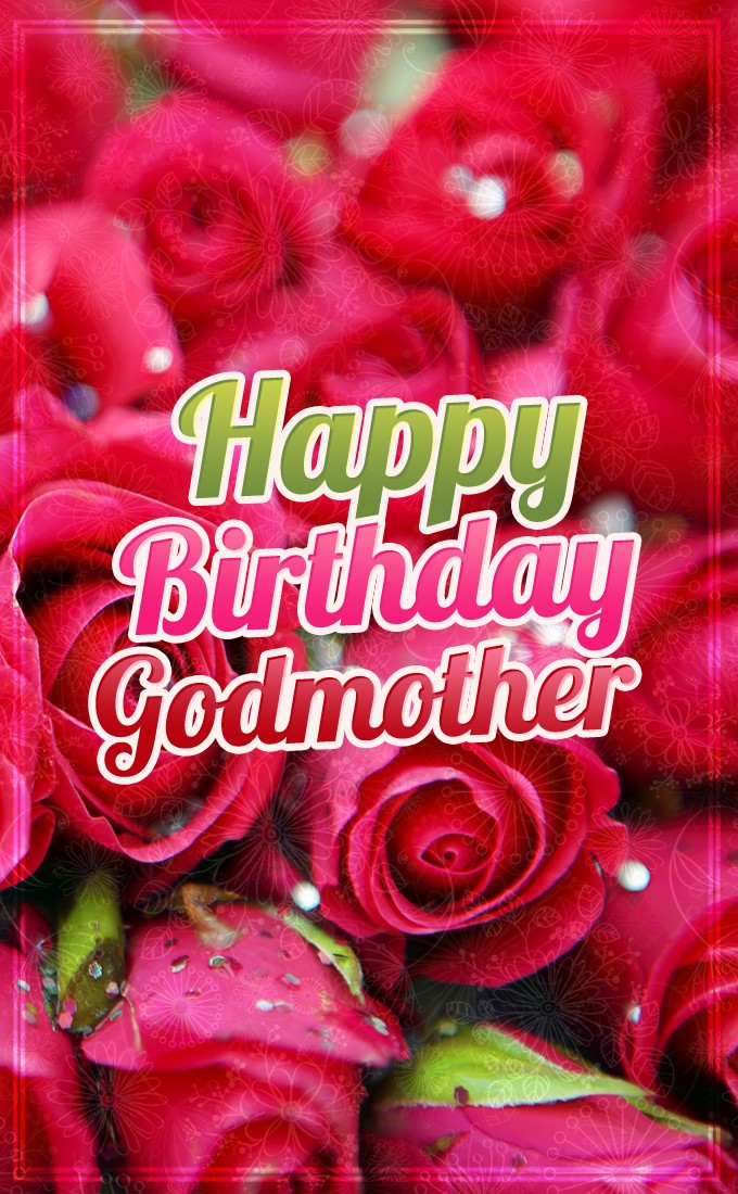 Happy Birthday Godmother vertical tall image with red roses (tall rectangle shape picture)