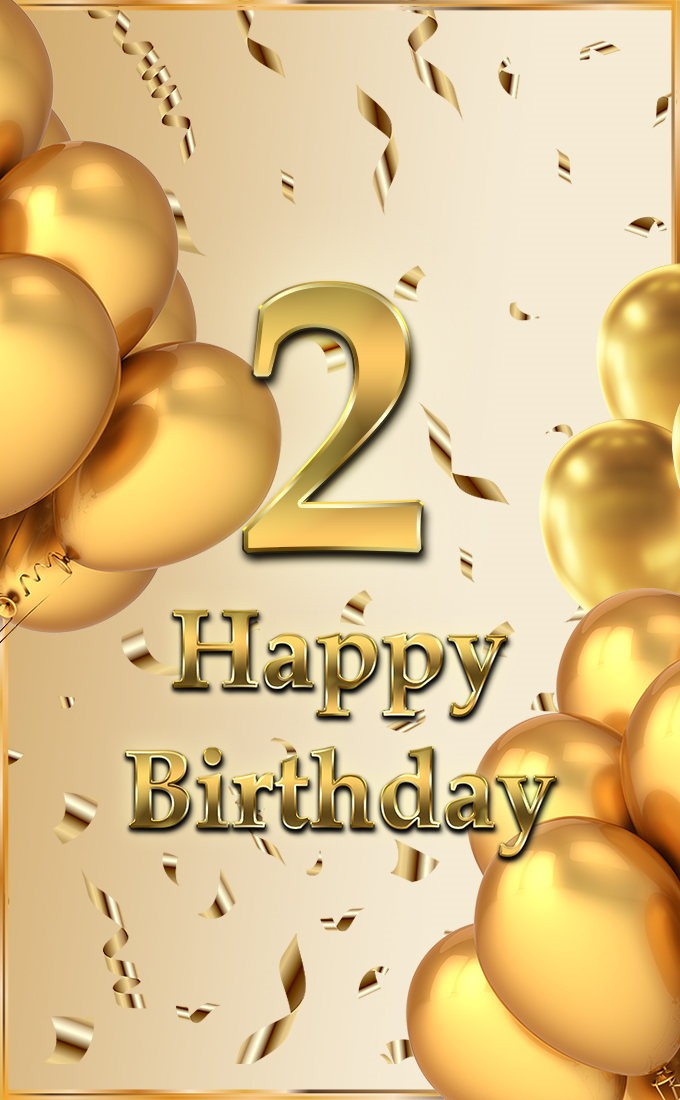 Happy 2nd Birthday vertical tall Image with golden number and balloons (tall rectangle shape picture)