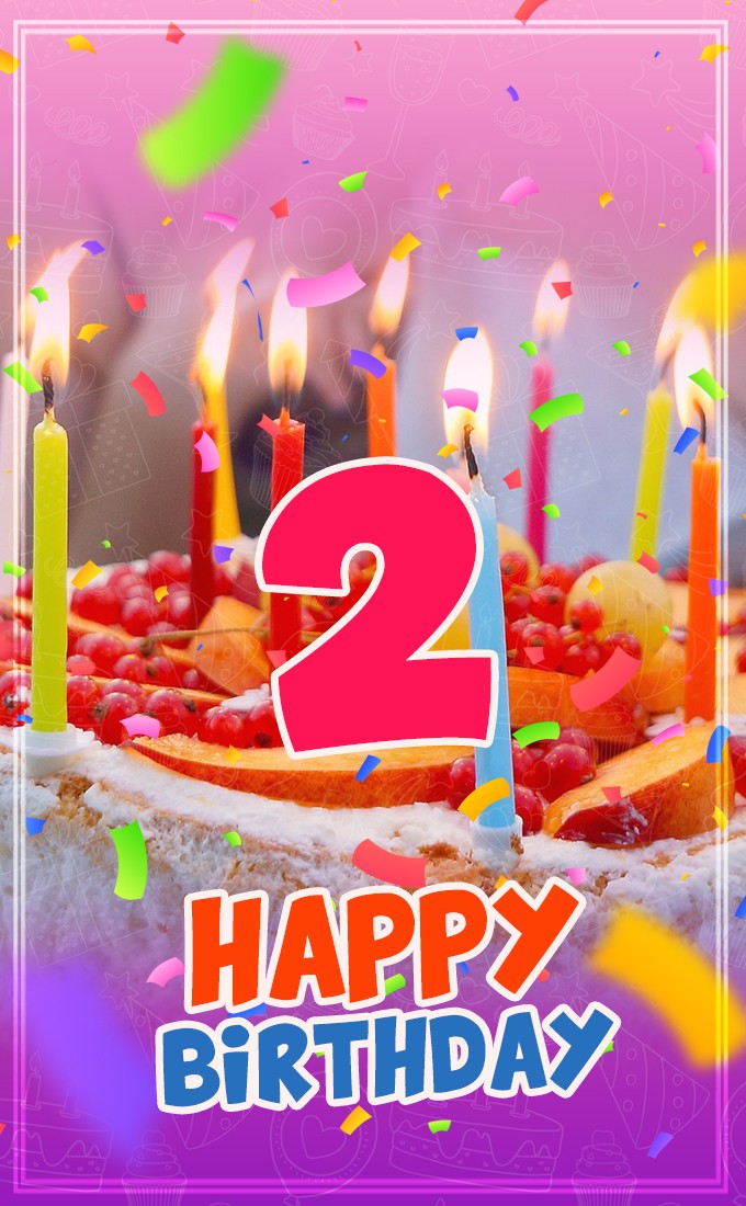 Happy 2nd Birthday vertical tall Image with cake and candles (tall rectangle shape picture)