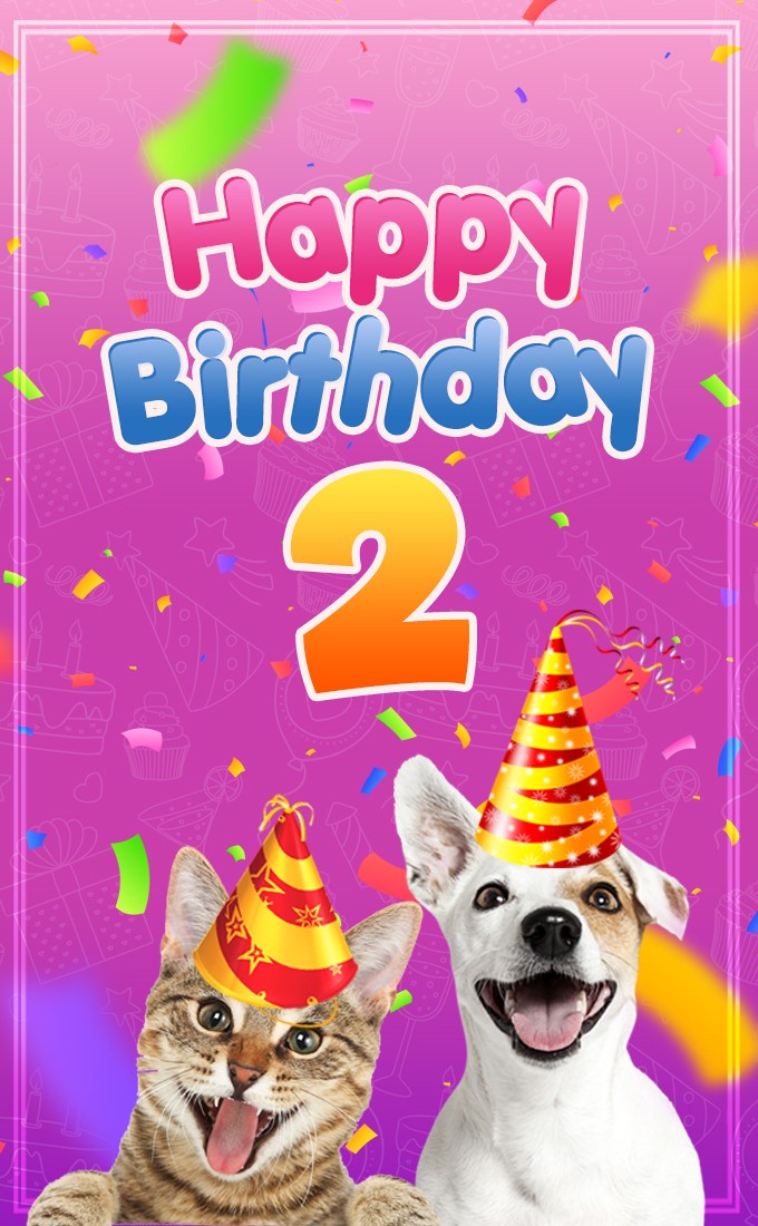 Happy 2nd Birthday funny vertical tall Image with cat and dog (tall rectangle shape picture)