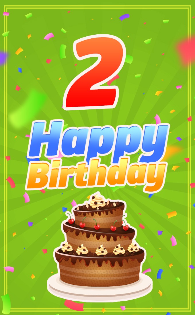 Happy 2nd Birthday vertical tall Image with cartoon chocolate cake (tall rectangle shape picture)