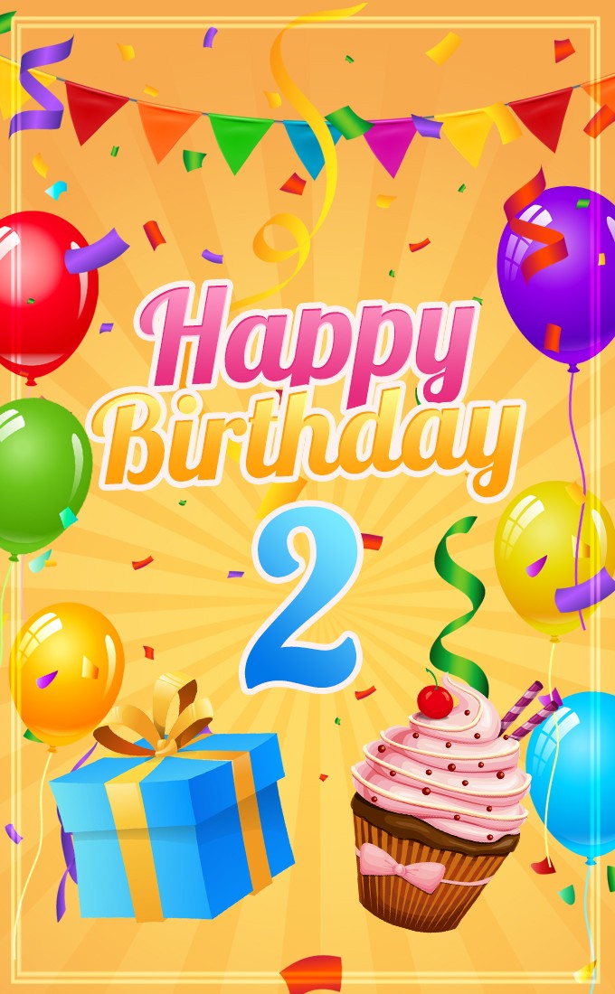 Happy 2nd Birthday vertical tall Image with cupcake and gift box (tall rectangle shape picture)