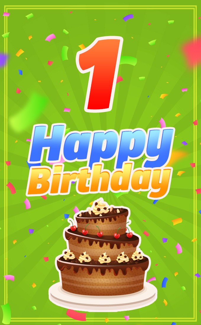 Happy 1st Birthday vertical tall Image with cartoon cake (tall rectangle shape picture)