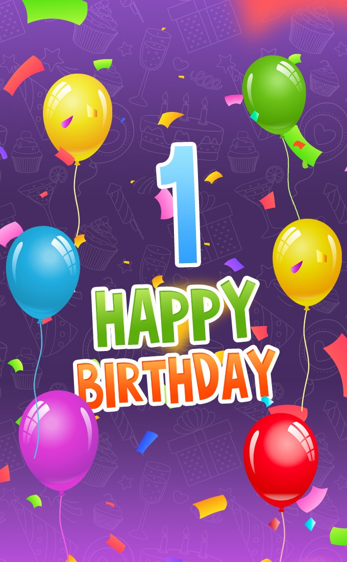 Happy 1st Birthday vertical tall Image with colorful balloons (tall rectangle shape picture)