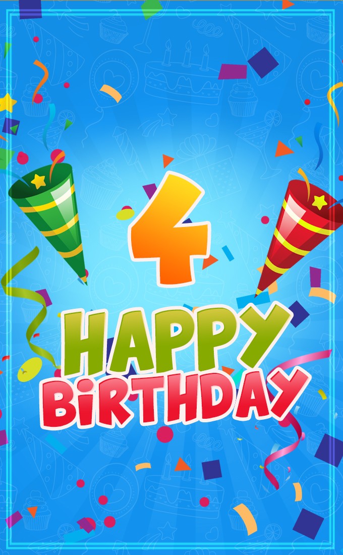 Happy 4th Birthday Image with confetti and tinsel explosion (tall rectangle shape picture)