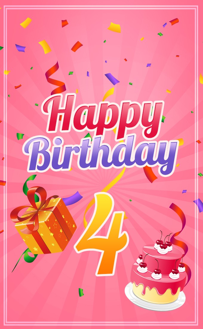 Happy 4th Birthday Image with pink background (tall rectangle shape picture)