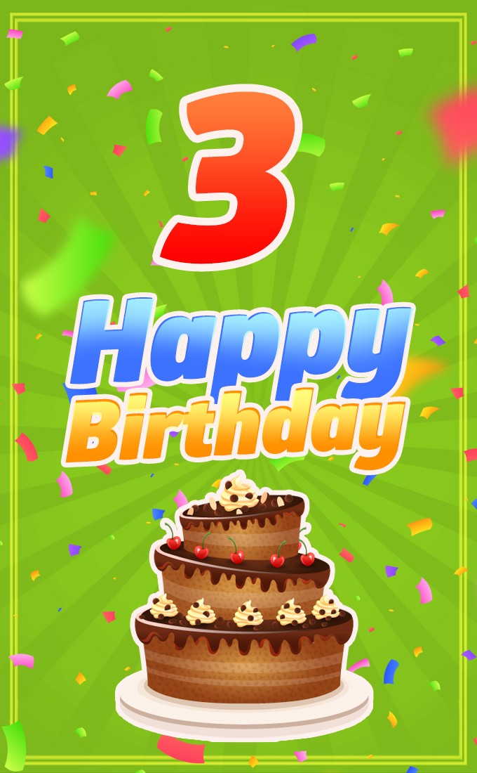 Happy 3rd Birthday vertical tall Image with cartoon chocolate cake (tall rectangle shape picture)