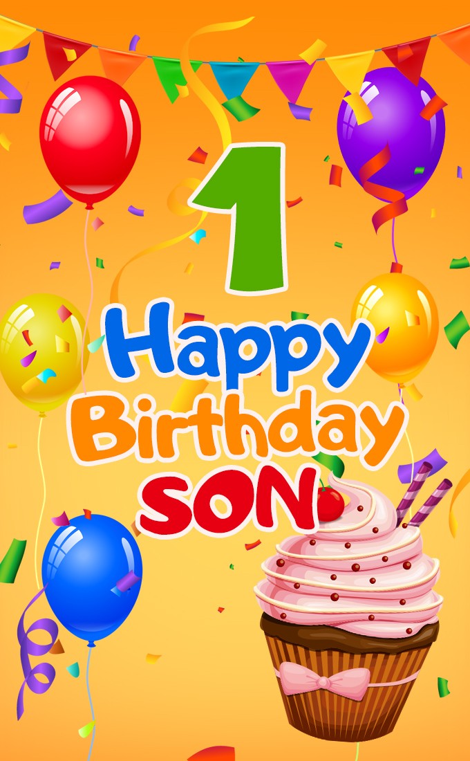 Happy 1st Birthday Son vertical tall Image with colorful caption (tall rectangle shape picture)