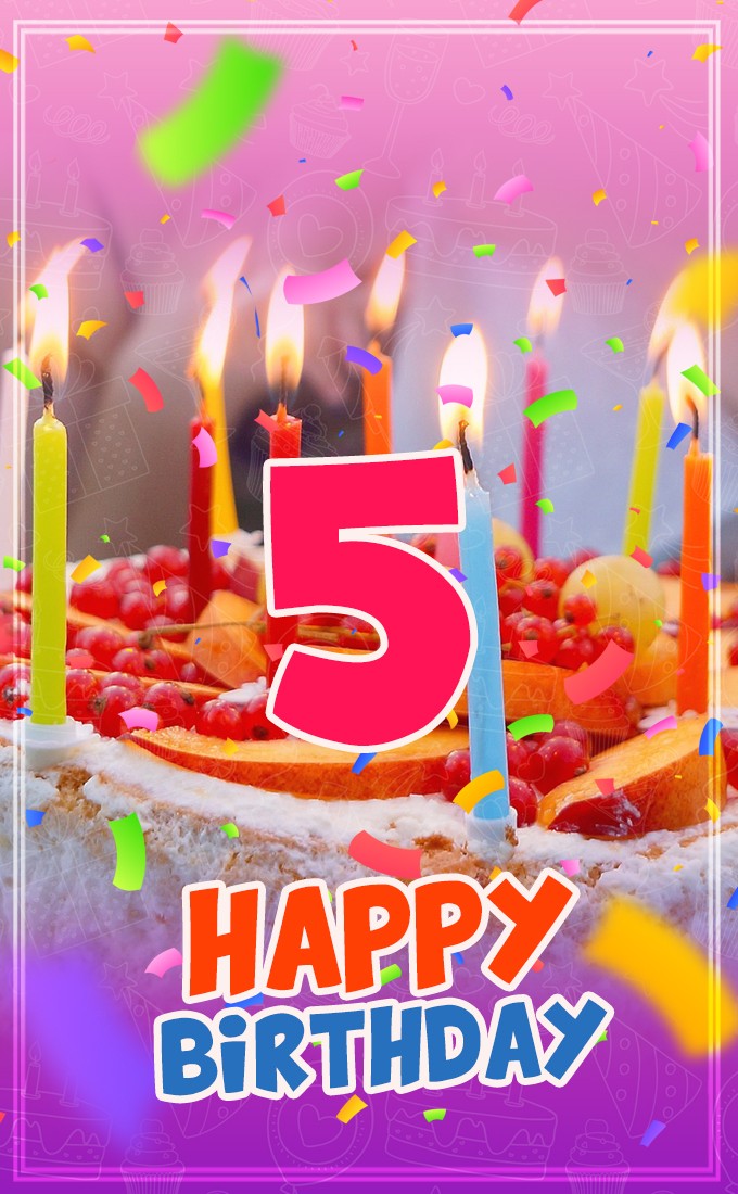 Happy 5th Birthday Image with cake and candles (tall rectangle shape picture)