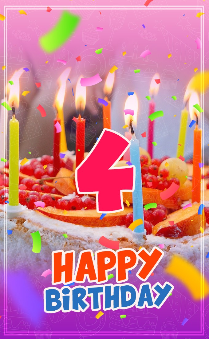 Happy 4th Birthday vertical tall Image with cake and candles (tall rectangle shape picture)