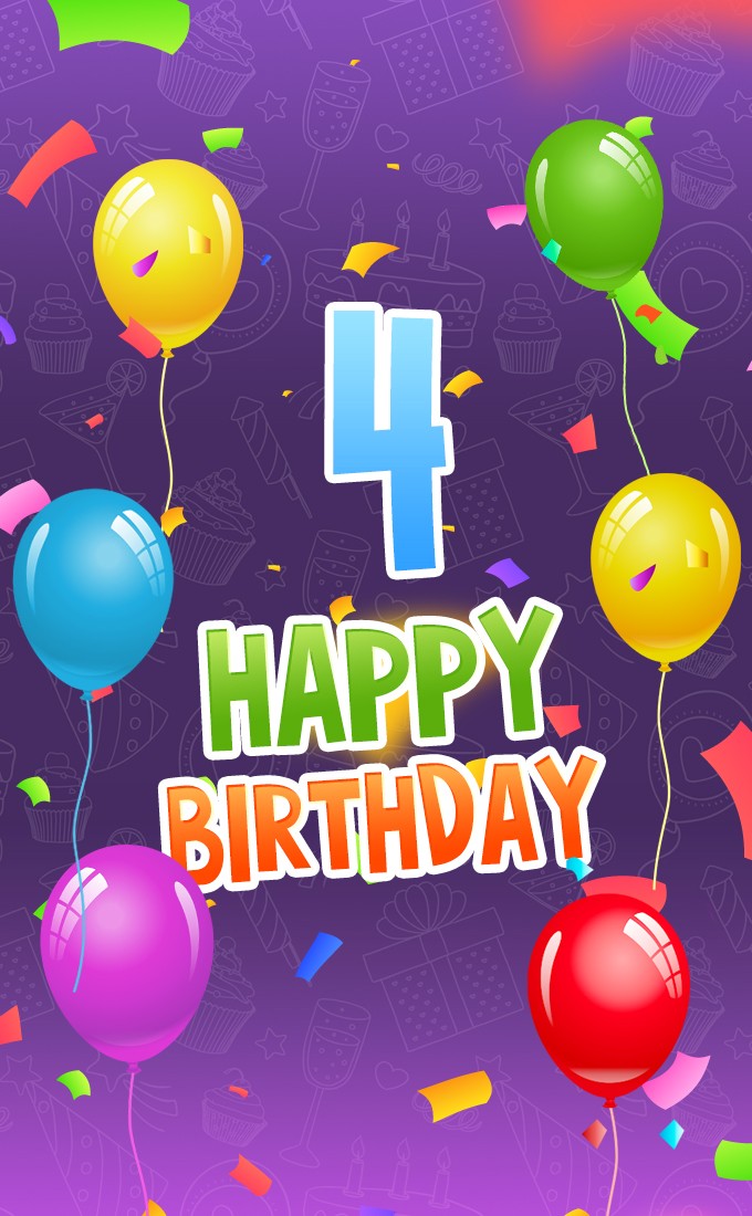 Happy 4th Birthday Image with colorful balloons (tall rectangle shape picture)