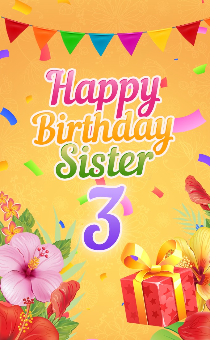 Happy 3rd Birthday Sister vertical tall Image with beautiful purple number (tall rectangle shape picture)