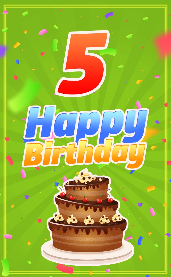 Happy 5th Birthday Image with cartoon chocolate cake on bright green background (tall rectangle shape picture)