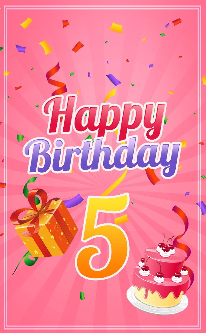 Happy 5th Birthday vertical tall Image with pink background (tall rectangle shape picture)