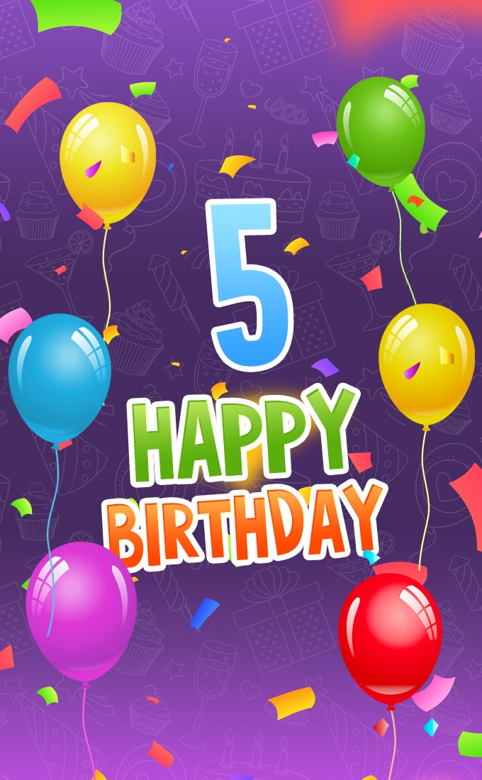 Happy 5th Birthday Image with colorful balloons (tall rectangle shape picture)