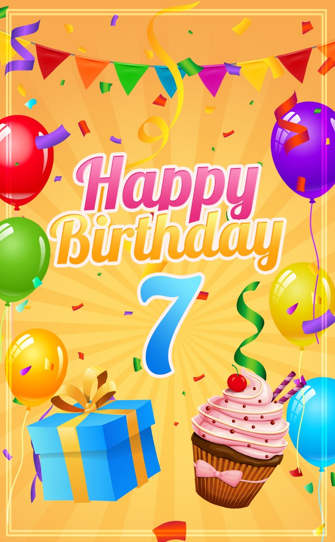 Happy 7th Birthday Image with cupcake and gift box (tall rectangle shape picture)