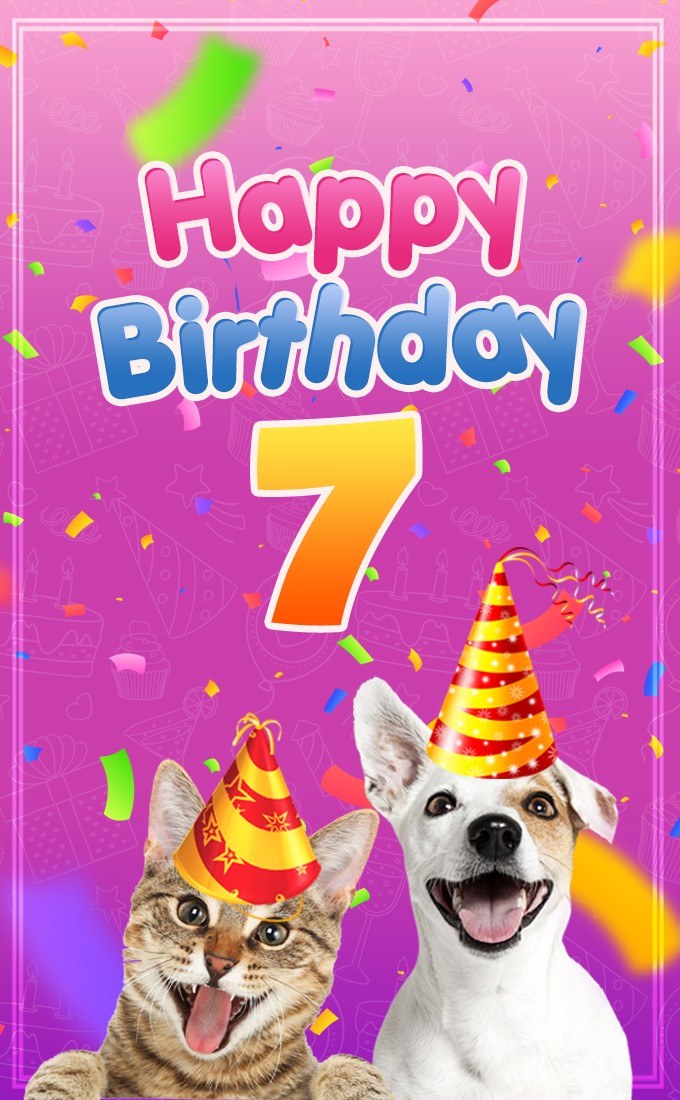 Happy 7th Birthday funny Image with dog and cat (tall rectangle shape picture)