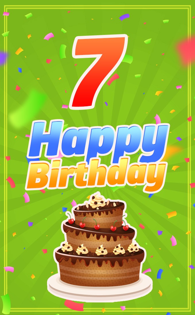 Happy 7th Birthday Image with cartoon chocolate cake (tall rectangle shape picture)