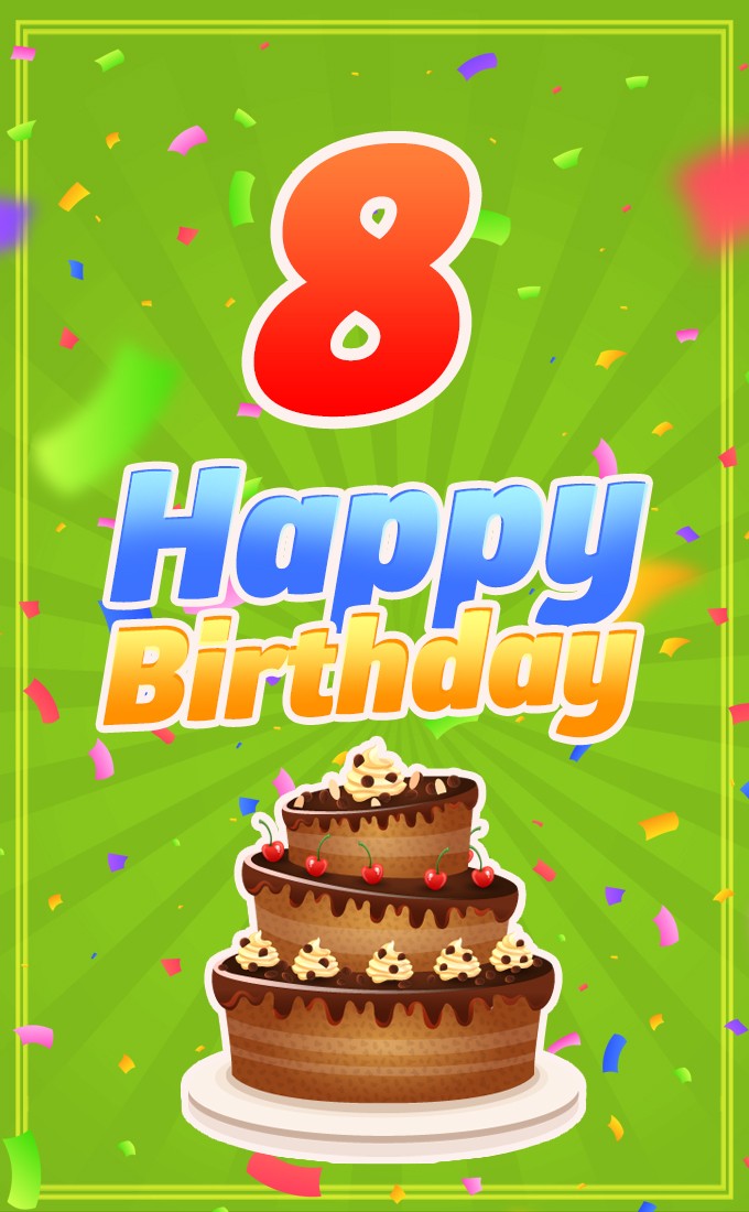 Happy 8th Birthday Image with cartoon chocolate cake (tall rectangle shape picture)