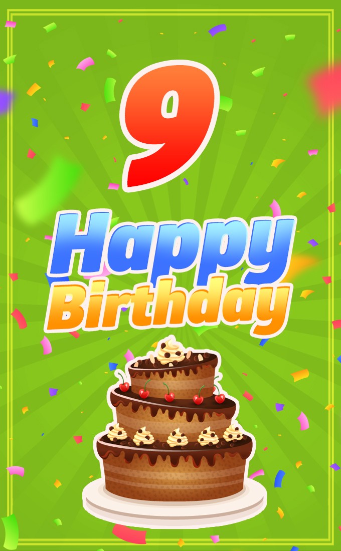 Happy 9th Birthday Image with cartoon chocolate cake (tall rectangle shape picture)