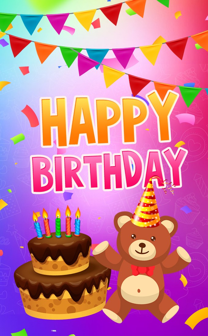 Happy Birthday vertical tall Image with teddy bear (tall rectangle shape picture)