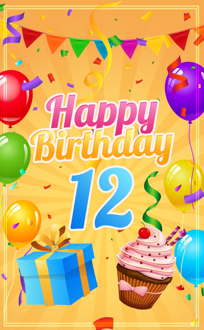 Happy 12th Birthday Image with cupcake and gift box (tall rectangle shape picture)