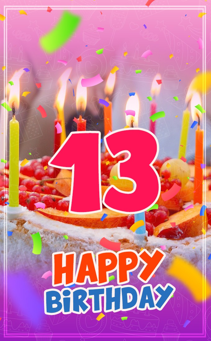 Happy 13th Birthday Image with cake and candles (tall rectangle shape picture)