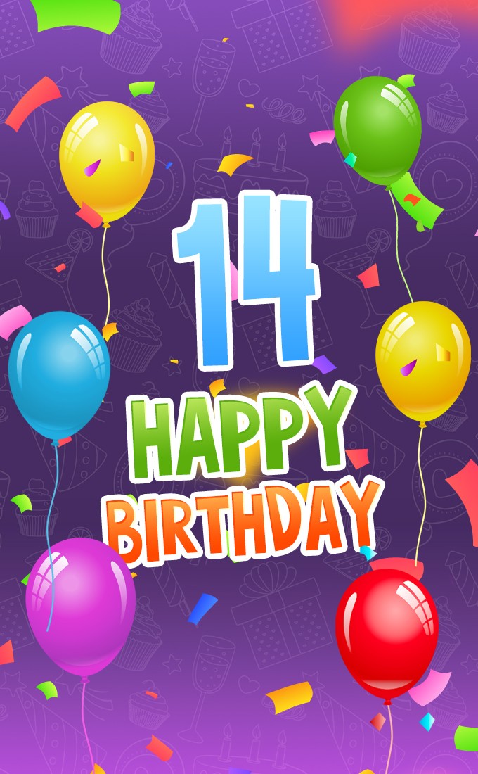 Happy 14th Birthday Image with colorful balloons (tall rectangle shape picture)