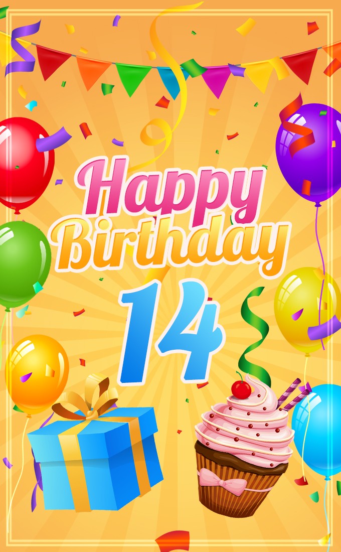 Happy 14th Birthday Image with cupcake and gift box (tall rectangle shape picture)