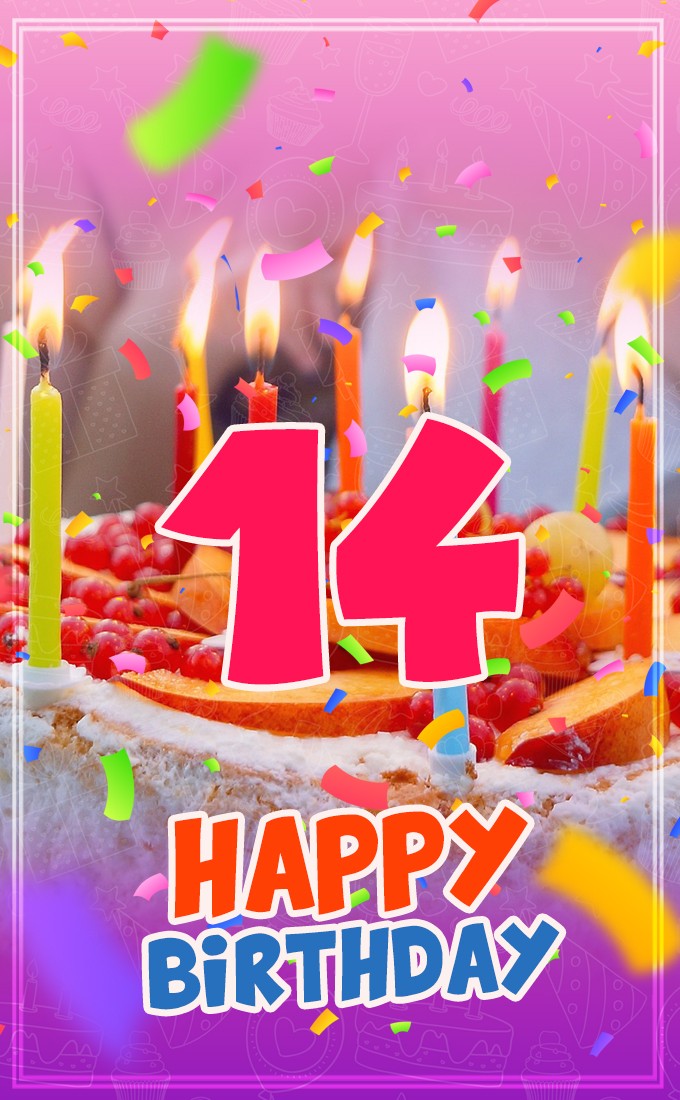 Happy 14th Birthday Image with cake and candles (tall rectangle shape picture)