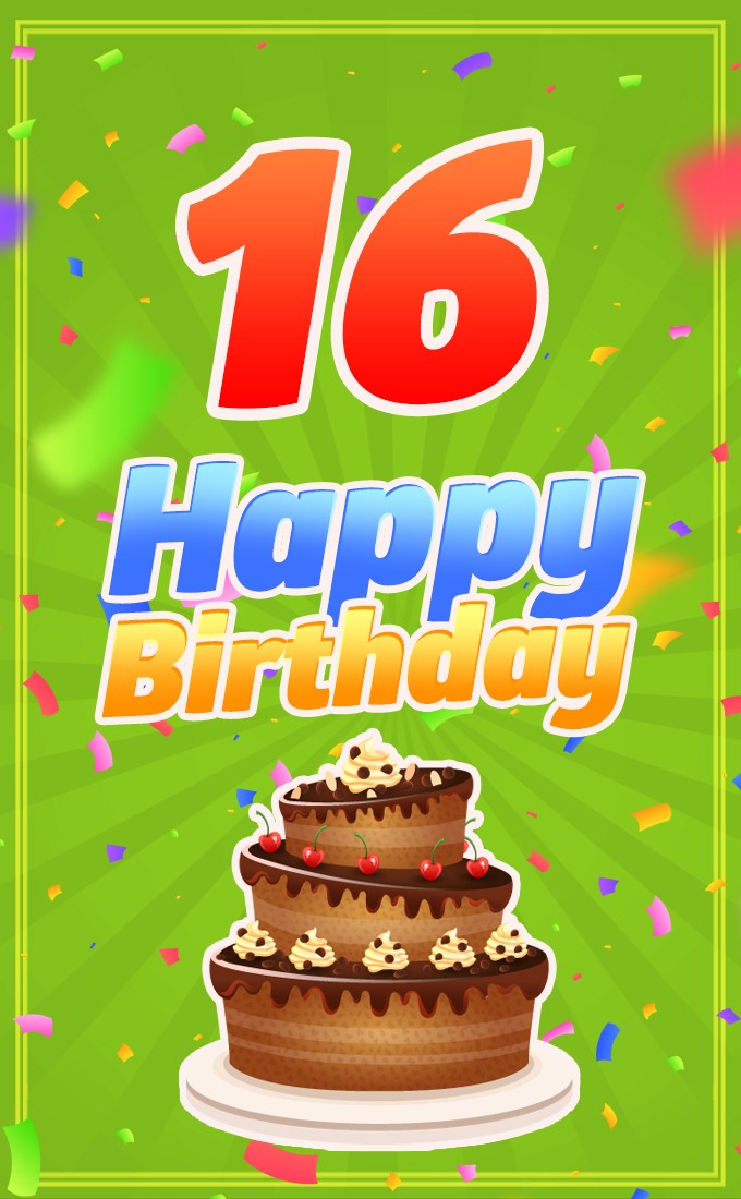 Happy 16th Birthday Image with cartoon cake (tall rectangle shape picture)