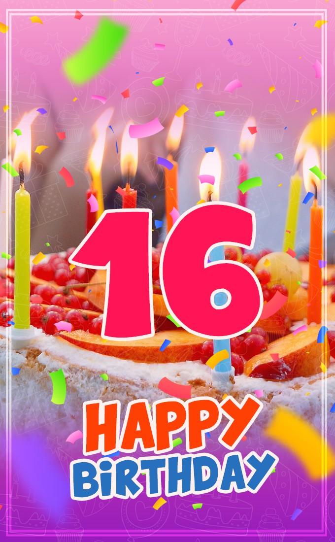 Happy 16th Birthday Image with cake and candles (tall rectangle shape picture)