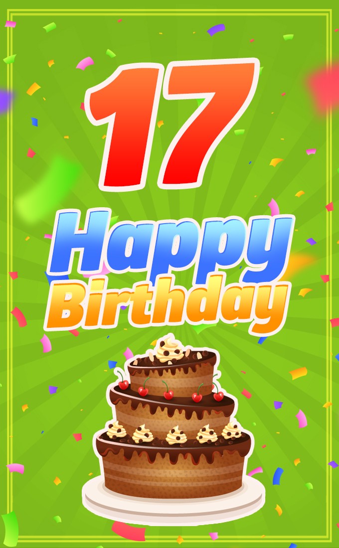 Happy 17th Birthday Image with cartoon chocolate cake (tall rectangle shape picture)