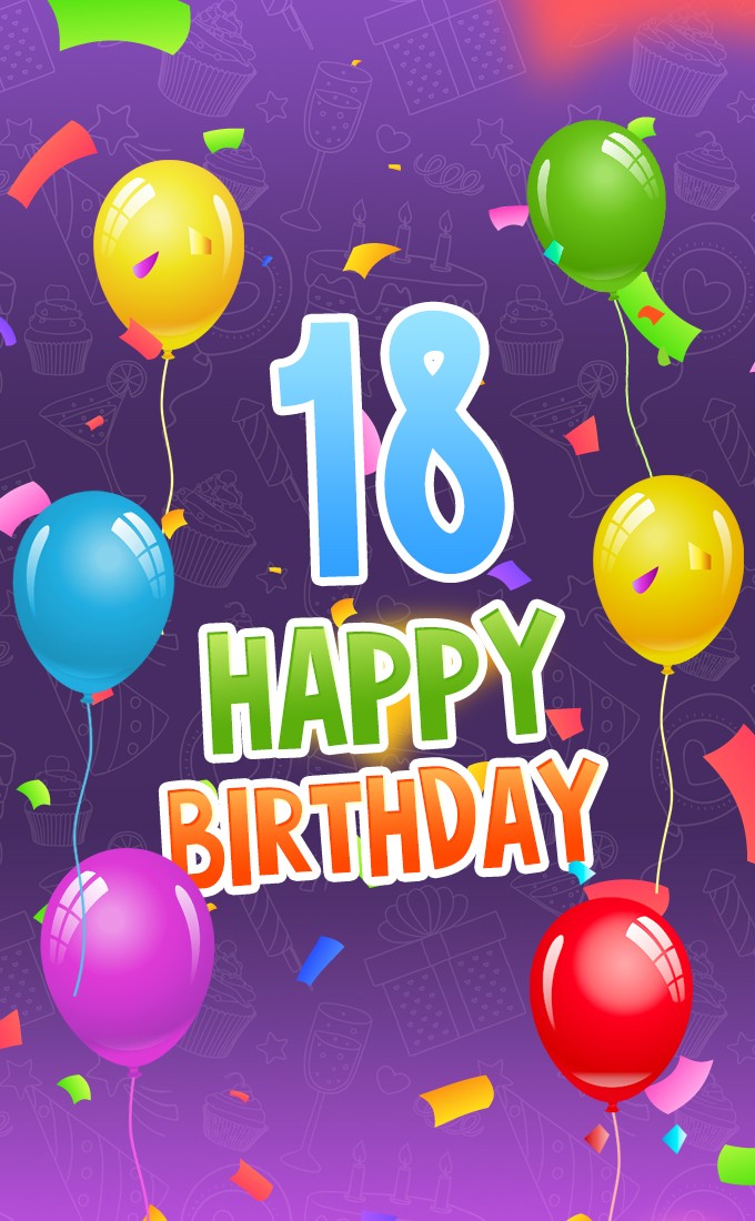 Happy 18th Birthday Image with colorful balloons (tall rectangle shape picture)