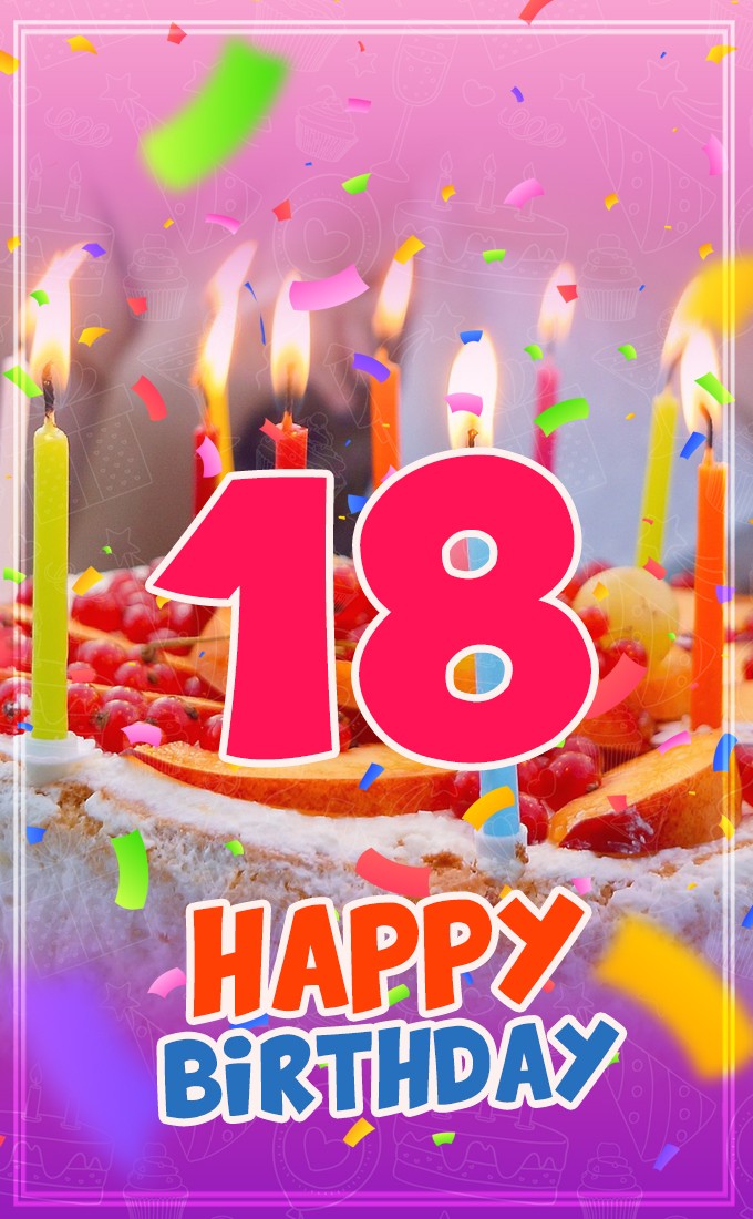 Happy 18th Birthday Image with cake and candles (tall rectangle shape picture)