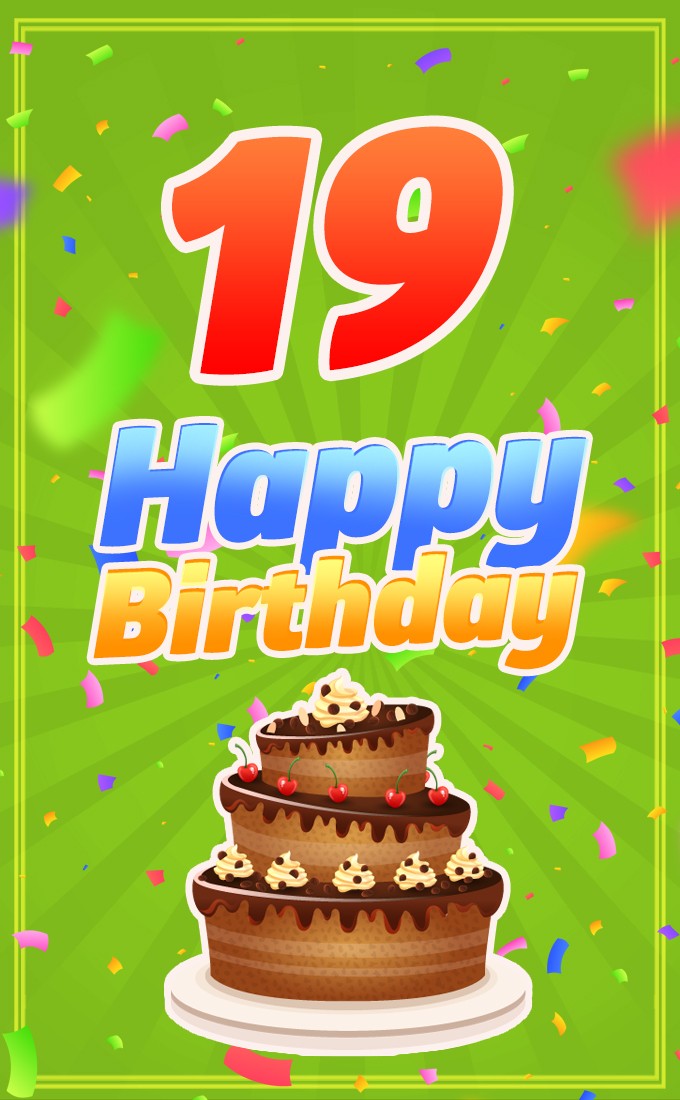 Happy 9th Birthday Image with cartoon chocolate cake on green background (tall rectangle shape picture)