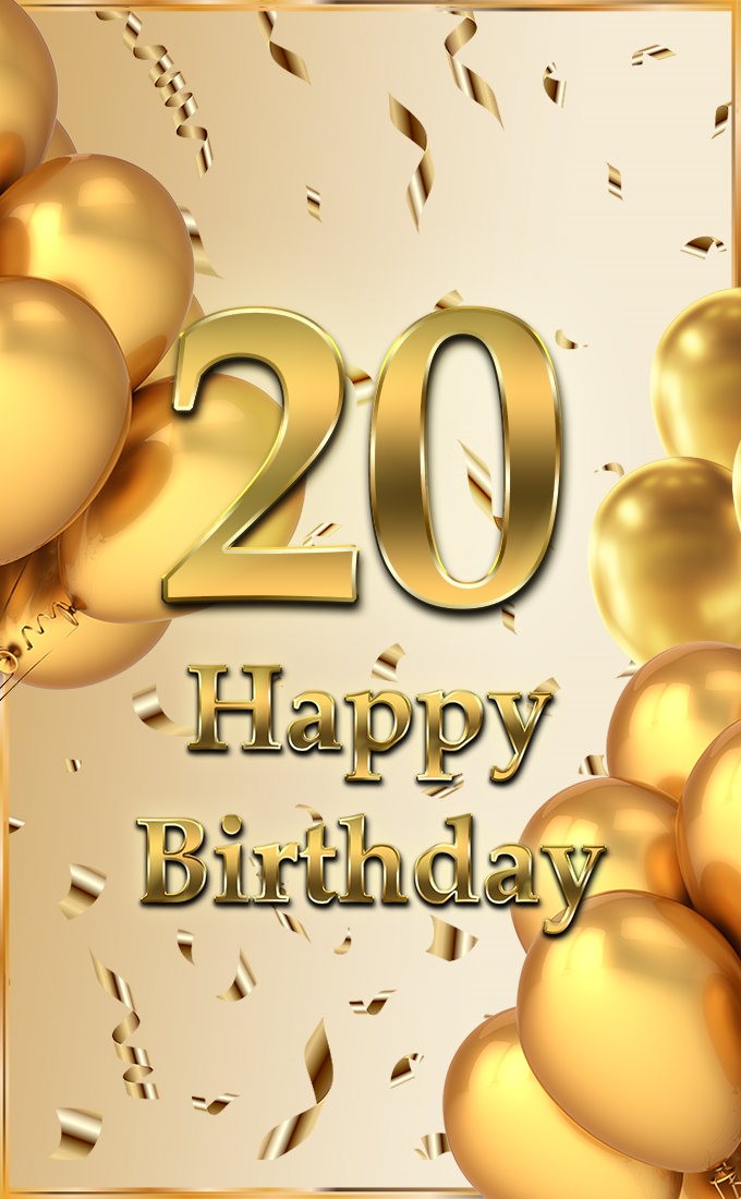 Happy 20th Birthday Image with golden number, ballons and confetti (tall rectangle shape picture)