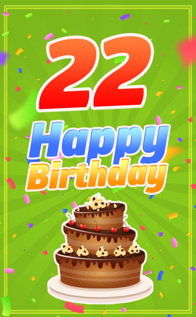 Happy 22nd Birthday Image with cartoon cake (tall rectangle shape picture)