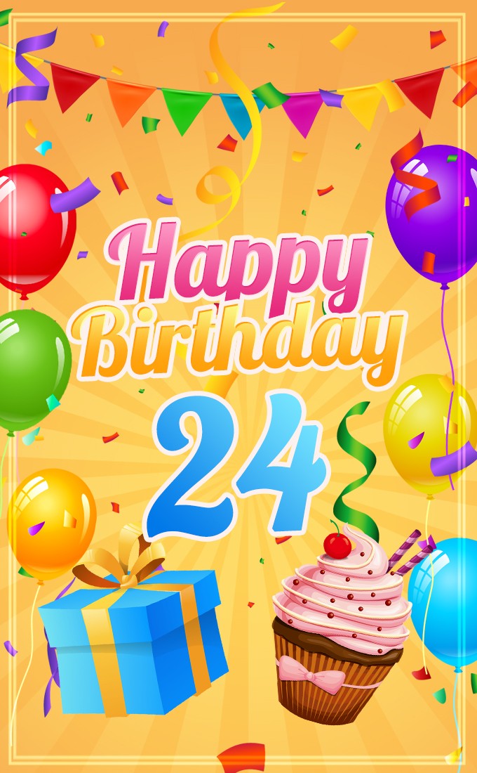 Happy 24th Birthday Image with cupcake and gift box (tall rectangle shape picture)