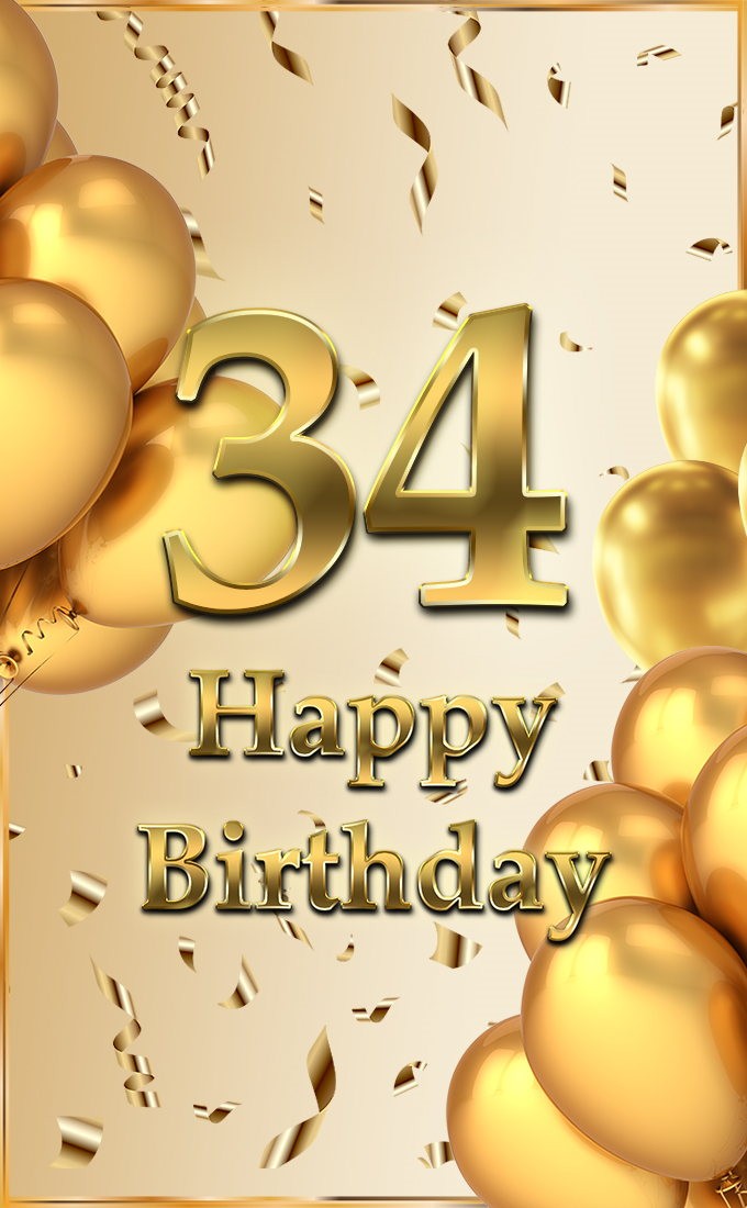 Happy 34th Birthday Greeting Card with golden number (tall rectangle shape picture)