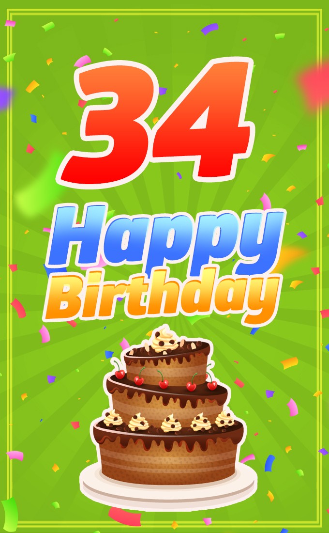 Happy 34th Birthday Image with cartoon chocolate cake (tall rectangle shape picture)