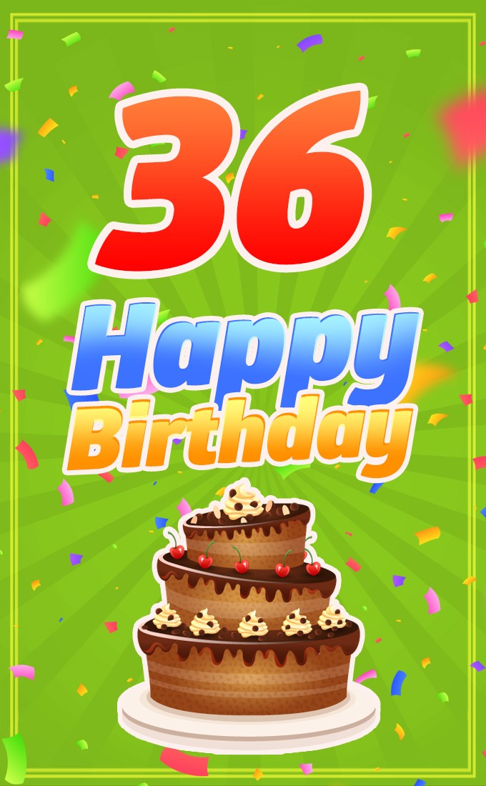 Happy 36th Birthday Image with cartoon chocolate cake (tall rectangle shape picture)